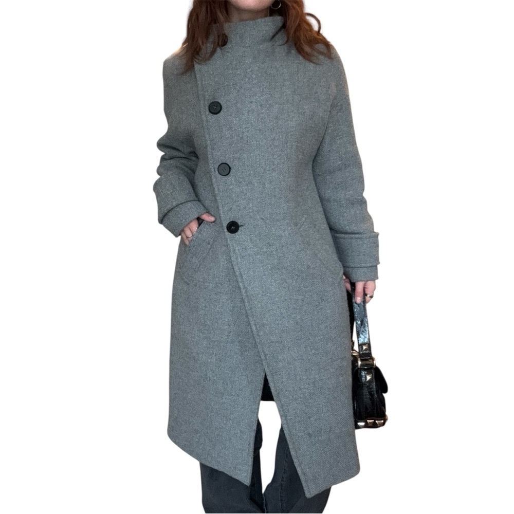 ZARA Wool Blend Grey Trench Coat Button Down  High Neck Jacket Minimalist Chic - Picture 8 of 8